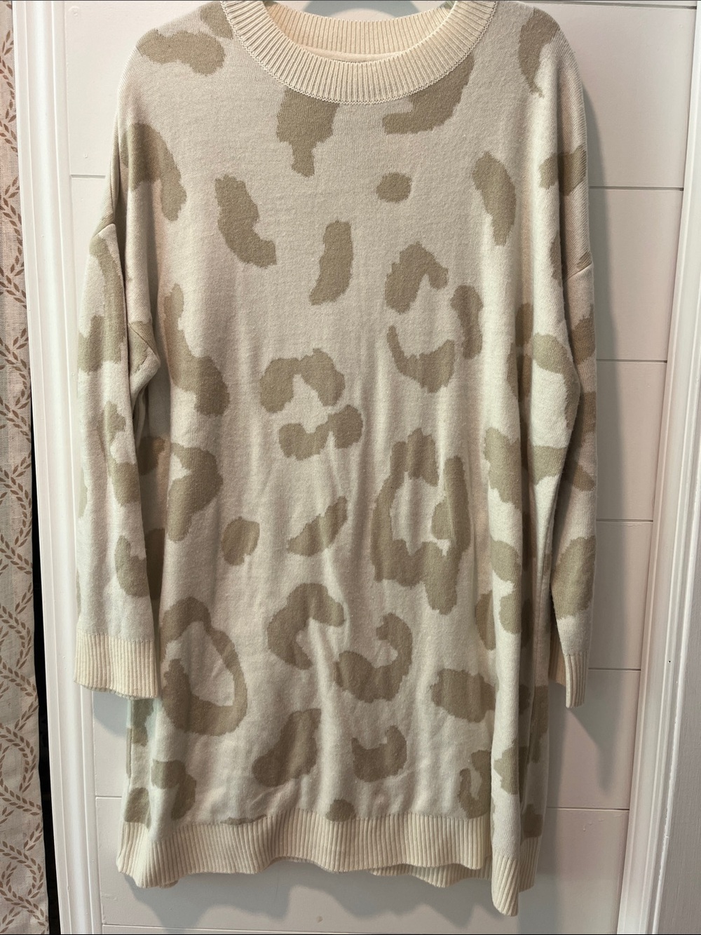Mud Pie Cream and Tan Leopard-Print Longline Crewneck Sweater
